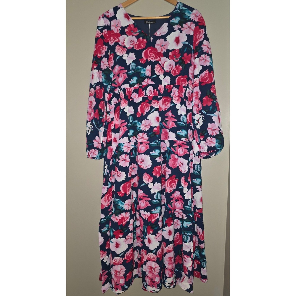 PrettyGarden Womens Floral V-Neck Tiered Midi Dress Navy Pink XL Long Sleeve NEW